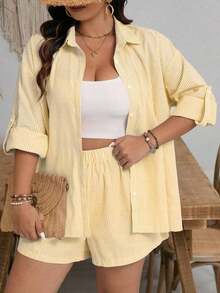 Embrisa Ropa de otoño para mujeres de talla grande, conjuntos de ropa escolar: camisa de rayas abierta al frente con mangas ajustables y conjunto de shorts para mujeres - Amarillo - Ver 7
