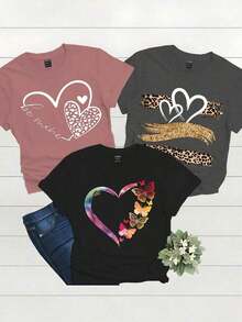 Set de 3 camisetas de mujer con estampado de leopardo y floral en forma de corazón, camisetas gráficas de verano - Multicolor 2 - Ver 3