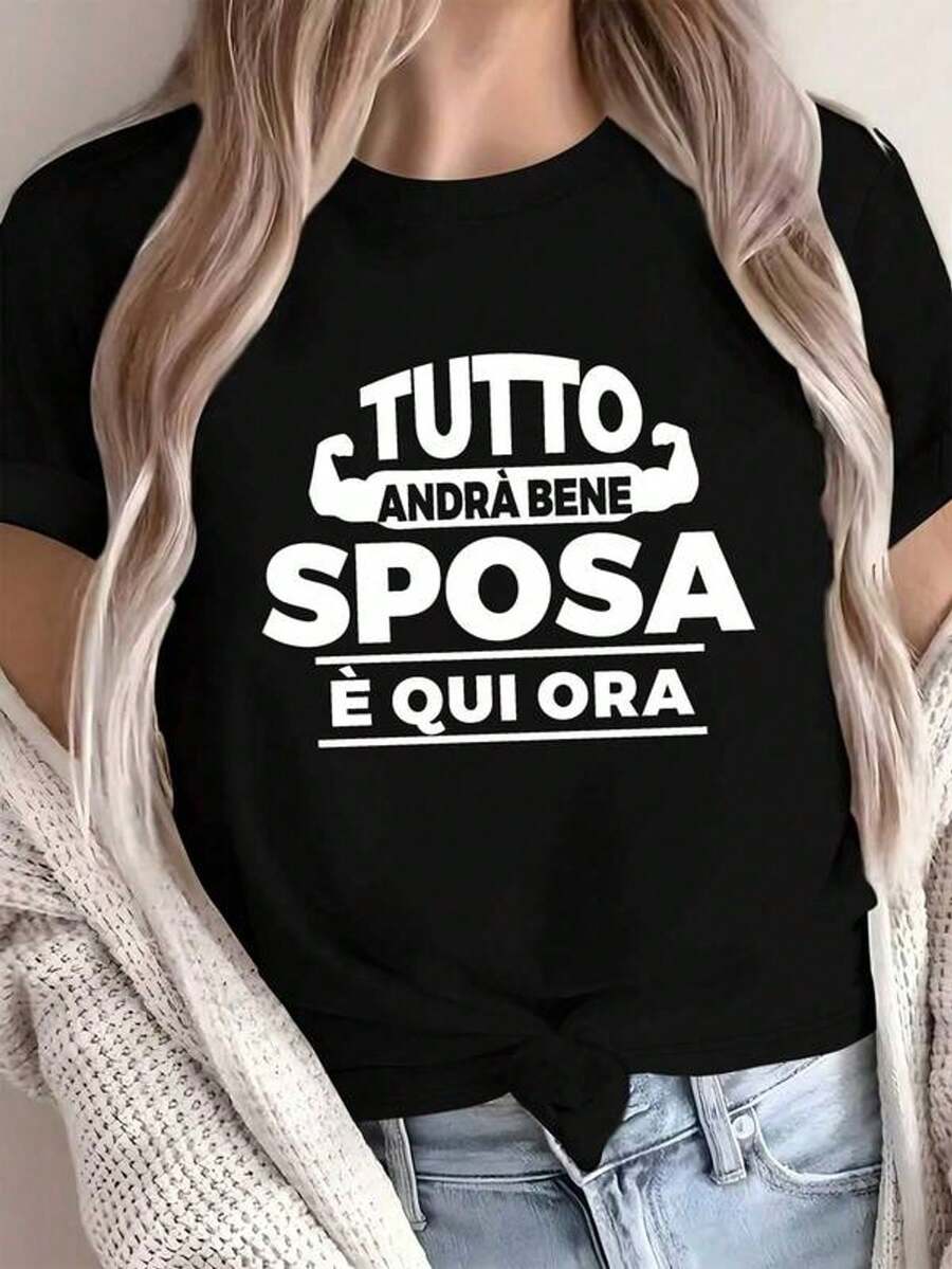 Women's Italian Humor Italian Phrase T-Shirt - 100% Funny Wedding Saying I've Married an Italian Woman - Casual Casual Attire & Italian-Themed Events - Machine Washable Black Shirt with White Text - Funny Italian Wife Gift - Relaxed Fit Geometric Print All-Season Comfortable Tee with Italian Saying TUTTO ANDRA BENE SPONSA E QUI ORA SPOSATA