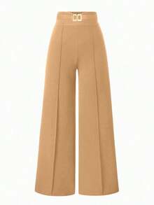 Pantalones informales de pierna ancha de unicolor para mujer - Caqui - Ver 8