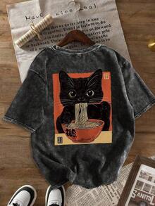 Short-Sleeve T-Shirt With A Ramen Cat Print, Unique Small-Batch Design, Plus-Size Washed Cotton Women's Clothing, Everyday Wear, Snowflake Print Fabric, Comfortable Crew Neck Loose Casual Top, Distressed Vintage T-Shirt, Standard Fit Women's Clothing, Spring/Summer Clothing, Plus Size 's Vintage Washed Loose Print Summer T-Shirt - 黑色 - 查看 2