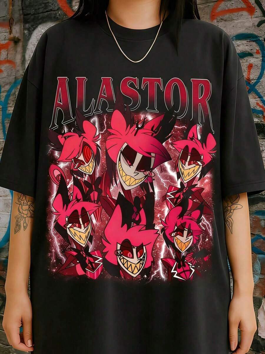 Camiseta Alastor Retro Unisex Edición Limitada |     Camiseta Alastor H-Haz Bin H-H Hotel 2, Camiseta Alastor Bootleg, Camiseta Retro H-Haz Bin H-H Hotel, Cuello Redondo, Adecuada para Todas las Temporadas, Unisex, Camiseta Coleccionable - Negro - Ver 1