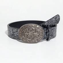 1pc Women's Engraved Metal Buckle Vintage Black & White Distressed Floral Pattern PU Leather Belt, Western Style Suitable For Commuting - Black and White - View 7
