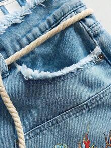 ROMWE MEN Street Life Pantalones cortos de mezclilla con doble cintura y bordado para hombres - Celeste 5 - Ver 4
