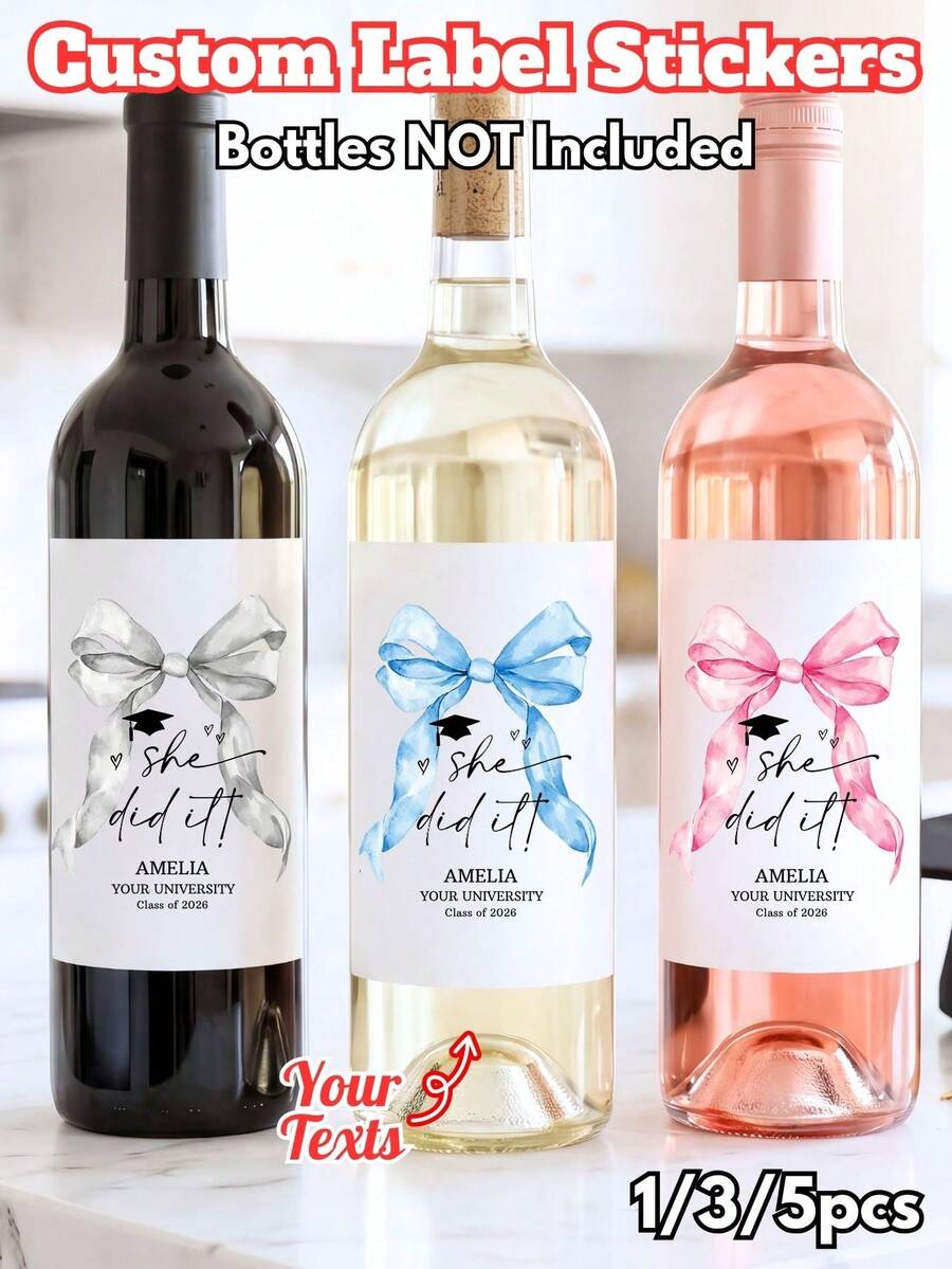 個性化紅酒瓶標籤，蝴蝶結圖案客製化酒標，適合畢業、訂婚、生日、週年紀念，DIY標籤，1/3/5入裝，送給她、男友、女友、爸爸、媽媽、家人、朋友、學生的獨特理想禮物，適用於畢業、學校、居家、辦公室