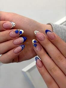 Bộ 24 miếng dán móng tay kiểu Pháp chấm bi xanh nude, hình hạnh nhân, phong cách mùa hè, đầu móng kiểu Pháp màu xanh dương, chấm bi trắng, họa tiết quả việt quất, phong cách nhẹ nhàng và thanh lịch, móng giả hình hạnh nhân, trang trí móng, móng giả chấm bi, thích hợp cho đi làm hàng ngày, văn phòng, hẹn hò, tiệc tùng, đám cưới và các dịp khác. - Nhiều màu - Xem 7