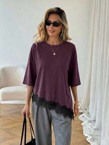 Camiseta de mujer de manga corta con estampado de leopardo, parche de encaje, bajo asimétrico, adecuada para vacaciones de verano, ir al trabajo y uso diario - Burdeos - Ver 4