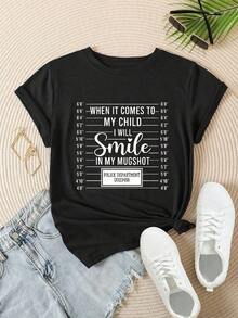 Camiseta Casual de Manga Corta para Mujer Estilo Vintage - Con la frase "When It Comes To My Child I Will Smile In My Mugshot", cuello redondo, top de verano, lavable a máquina, camisetas para damas, atuendo casual, aspecto moderno, ajuste cómodo.  
 -WhiteFashion - Negro - Ver 2