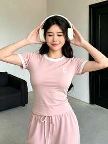 Regalo hasta agotar existencias, Set de 2 piezas de camiseta de cuello redondo holgada con estampado de letras y pantalones con cordón para mujer - Rosa - Ver 4