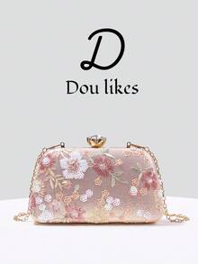 Dou Likes 刺繡亮片花卉晚宴包，包身捕捉浪漫自然景觀，精選柔粉色底色，適合婚禮造型、畢業舞會、晚宴/宴會，完美搭配女款畢業舞會禮服、畢業舞會配件、亮片洋裝、閃亮洋裝、優雅女裝 - 粉色 - 查看 10