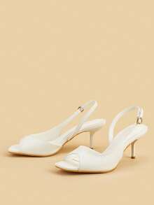 Sandalias de tacón de aguja alto con punta cuadrada, punta abierta, talón abierto y correa, adecuadas para la oficina, zapatos de verano - Blanco - Ver 3