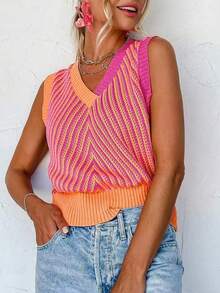 Plus Size Colorblock Knit Vest, Hollow Striped Design, Loose Fit Cropped Silhouette, Versatile Sleeveless Top For Spring & Summer Vacation - Multicolor - View 9