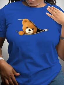 Camiseta de Mujer de Tejido Grueso con Cierre y Estampado de Oso - 180g de Hilo de Leche, Elasticidad Media, Manga Corta Casual, Cuello Redondo para Primavera, Verano y Otoño - Idea de Regalo - Azul - Ver 7