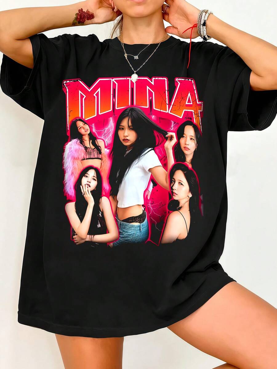 Twic.E Mina Retro 90s Vintage Graphic Shirt, Once K-Pop Concert Tour Merch & Gift 2026. Vintage Graphic Print, Casual Black Cotton Short-Sleeved T-Shirt. - Black - View 1