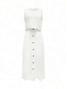 Conjunto de 2 piezas para mujer: Blusa sin mangas de unicolor + Falda A-line casual y suelta con botones delanteros, conjunto de verano para mujer elegante - Blanco - Ver 2