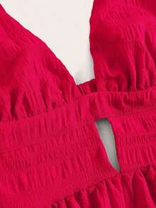 Vestido con dobladillo suelto de parches y corbata al cuello, estilo sencillo y casual para vacaciones para mujeres - Rojo - Ver 3