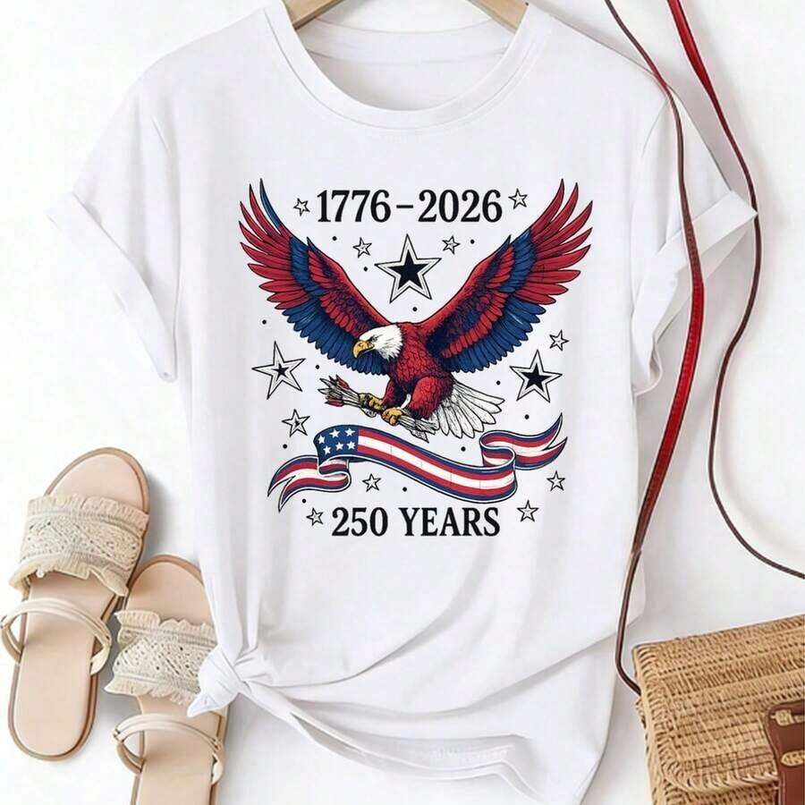 Camiseta de manga corta con cuello redondo y diseño de la bandera estadounidense para mujer, 250 años 1776 - 2026, diseño de la bandera de los Estados Unidos. Camiseta de manga corta con cuello redondo para mujer, cómoda, transpirable y adecuada para uso diario casual y fiestas de verano, envío local, camiseta de verano. - Blanco - Ver 1