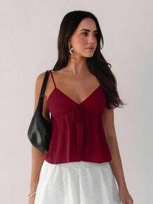 Camiseta de tirantes con volantes y lazo delantero de unicolor para mujer - Rojo - Ver 7