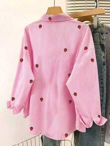 Women's Blouse, Strawberry Stripe Print, Fresh And Lightweight Design, Ins Style Shirt, Loose-Fitting Long-Sleeved Casual Blouses, Perfect Gift For Best Friend And Girlfriend, Suitable For Autumn/Winter, Graduation, Teachers, And Back To School. - 羅莎 - 查看 2