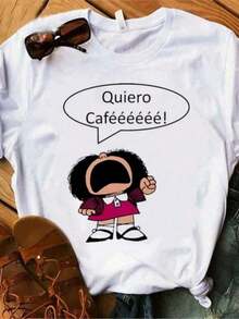 Camiseta de Algodón Nueva para Mujer con Estampado de PAZ Mafalda o QUIERO Coffee Shop, Camiseta Harajuku para Mujer, Ropa, Camisas Mujer, Top para Mujer, 100% Algodón - Blanco - Ver 1
