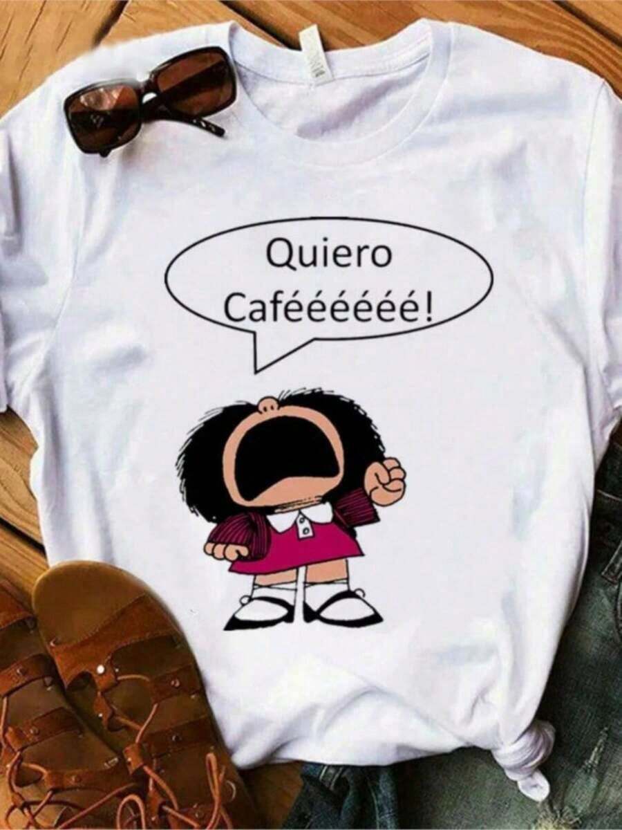 Camiseta de Algodón Nueva para Mujer con Estampado de PAZ Mafalda o QUIERO Coffee Shop, Camiseta Harajuku para Mujer, Ropa, Camisas Mujer, Top para Mujer, 100% Algodón - Blanco - Ver 1