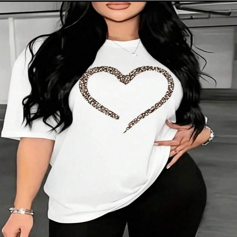 Womens Casual Cotton Short Sleeve Round Neck T-Shirt with Leopard Heart Print Regular Length Top - Blanco - Ver 1