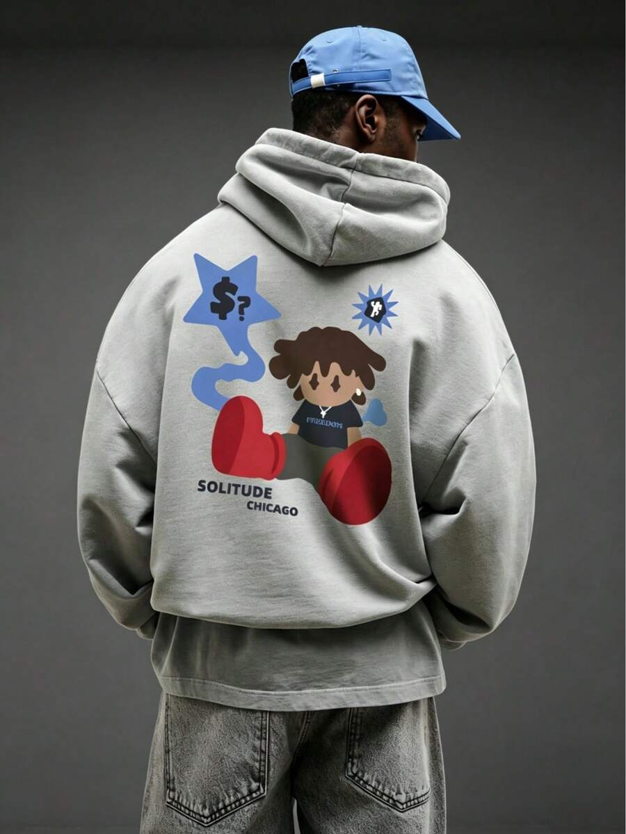 Camvyn Áo hoodie dài tay có dây rút hở vai in khẩu hiệu và họa tiết hoạt hình dành cho nam, thích hợp mặc vào mùa thu đông - Xám - Xem 1