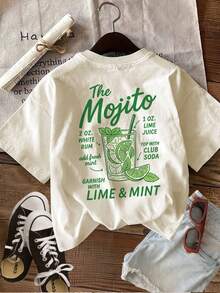 Women's Graphic Print Crew Neck T-Shirt | Retro Style, Casual Summer T-Shirt With "The Mojito" And Lime Print, Short Sleeve, Pure Cotton Short Sleeve Shirt. - 杏色 - 查看 3