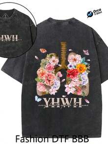 YHWH Floral Print Washed Cotton T-Shirt, 100% Pure Cotton, Orca Brand, Suitable For Casual Wear, Outdoor Activities, Sports, Holidays, Gifts And Other Occasions. - 黑色 - 查看 7