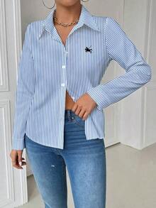Blusa blanca de manga larga con bolsillo y ajuste ceñido para mujer - Azul y blanco - Ver 4