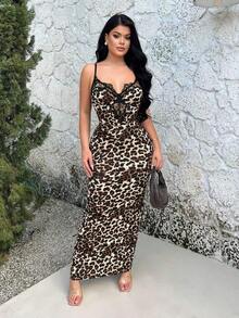 Vestido ajustado de mujer con estampado de leopardo y encaje en parches - Multicolor 4 - Ver 5