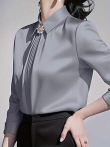 纯色翻领长袖衬衫，时尚优雅的办公通勤百搭长袖女式衬衫 - 灰色 - 查看 2