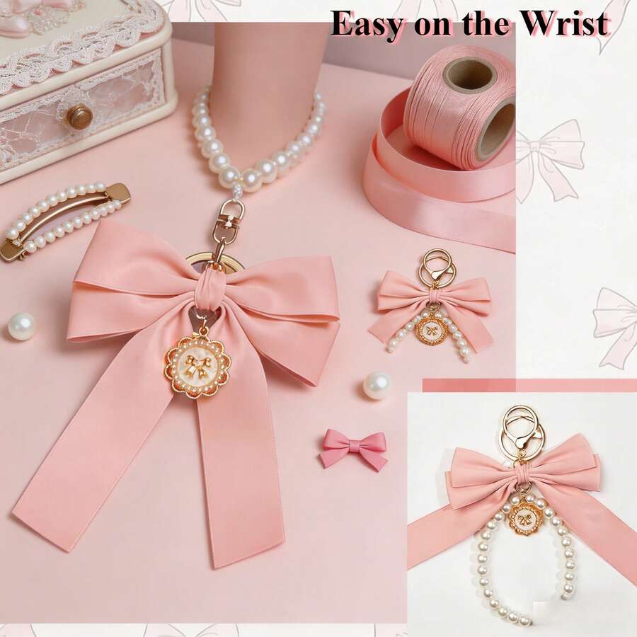 2pcs Bow Keychain, Cute Keychain, Wristlet Keychain, Ribbon Keychain Pearl Bag Charm Purse Handbags Backpack - Hồng - Xem 1