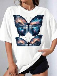 Camiseta de Cuello Redondo Estampada para Mujer, Diseño de Mariposas, Galaxia, Paisaje, Cascada, Cielo Nocturno, Estrellas, Montañas, Ropa para Fiestas y Festivales - Blanco - Ver 8