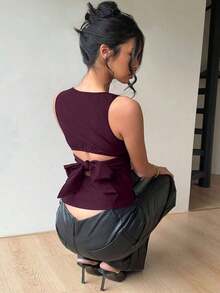 Blusa sin mangas con cuello redondo y lazo en la espalda, para uso casual y de oficina - Burdeos - Ver 4