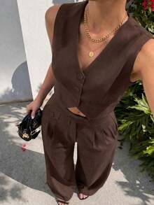 FASHION MO, REF: Y252 Women's Suit, Women's Set, Two Pieces, Buttoned Vest, Casual Suit, Women's Wide Pants, Side Pants, Elegant Look, Formal Fashion, Event Set, Refined Look, Modern Suit, Stylish Suit, Sophisticated Women's Clothing, Light Tailoring, Comfort And Elegance, Party Set, Women's Vest, Comfortable Pants, Women's Urban Look, Ideal For Work, Perfectly Fitting Clothing, Versatile Set, Suit With Personality, Women's Casual Fashion, Practical And Elegant Style. - Màu nâu Sô-cô-la - Xem 4