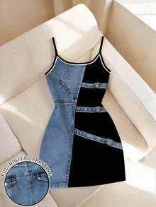 Nuevo Vestido mini ajustado de mujer de ajuste regular con estampado de efecto denim - Multicolor 5 - Ver 1