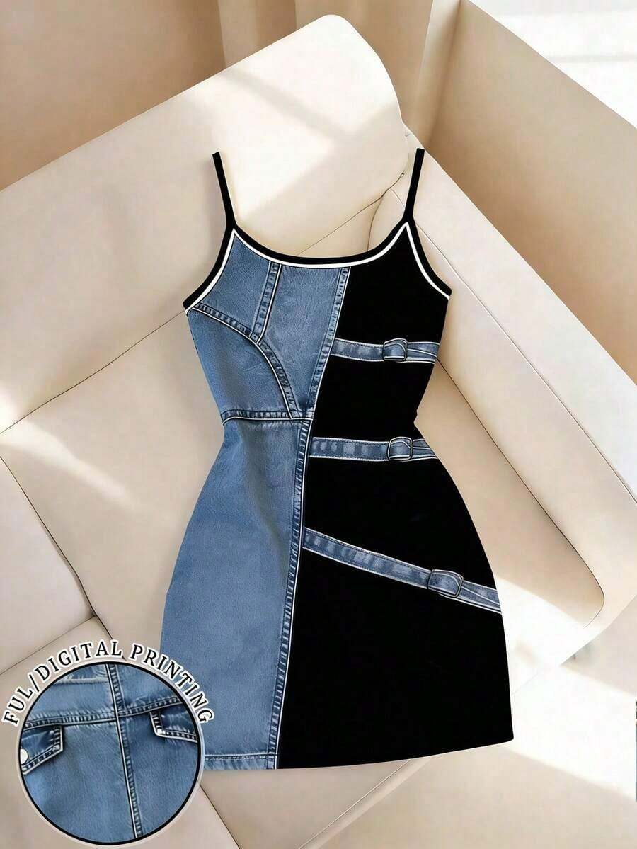 Nuevo Vestido mini ajustado de mujer de ajuste regular con estampado de efecto denim - Multicolor 5 - Ver 1