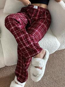 Pantalones de estar por casa rectos de cintura elástica con estampado de cuadros para mujer, para invierno - Burdeos - Ver 1