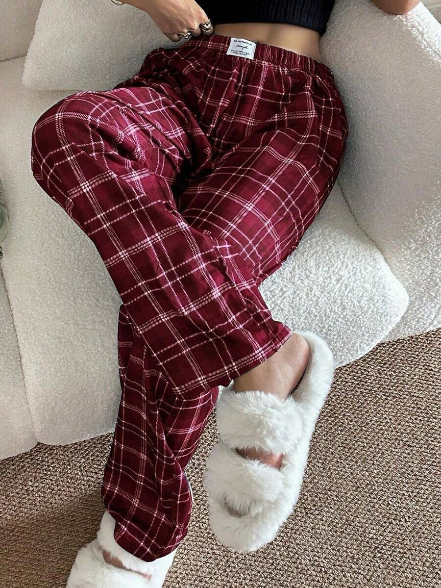 Pantalones de estar por casa rectos de cintura elástica con estampado de cuadros para mujer, para invierno - Burdeos - Ver 1