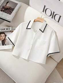 Camisa casual de mujer de unicolor, de manga corta, con hombros caídos y botones delanteros, para verano - Blanco 2 - Ver 6