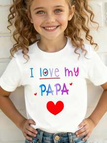 1 Piece Of  Summer Short-Sleeved T-Shirt For Girls With Cartoon Heart Print 'I Love My Papa', Casual And Versatile Top NY-DX4324180g 100% Cotton - 白色 - 查看 6
