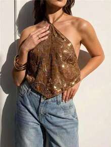Glamour Nuevo top de verano bohemio de mujer para vacaciones, con escote halter sin espalda y tela con cuentas especiales en la espalda.Vestido de vuelta al colegio, vestidos de mujer para salir, tops de mujer estilo Y2K lindos - Marrón - Ver 3