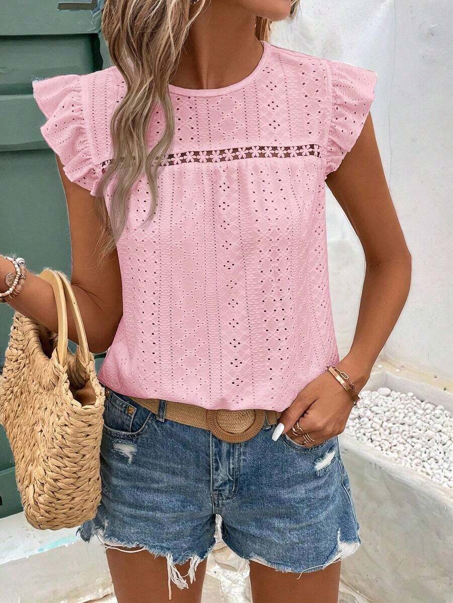 Frenchy Camiseta con cuello redondo y adorno de encaje con volantes y bordado de ojal - Rosa Pálido - Ver 1