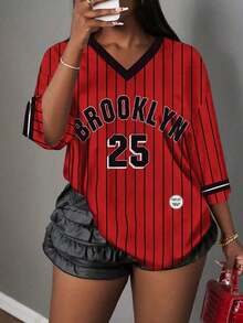 Camiseta gráfica minimalista casual con letra y número para mujer, adecuada para verano, deporte, combinación, fucsia con estampado a rayas de Brooklyn - Rojo - Ver 1