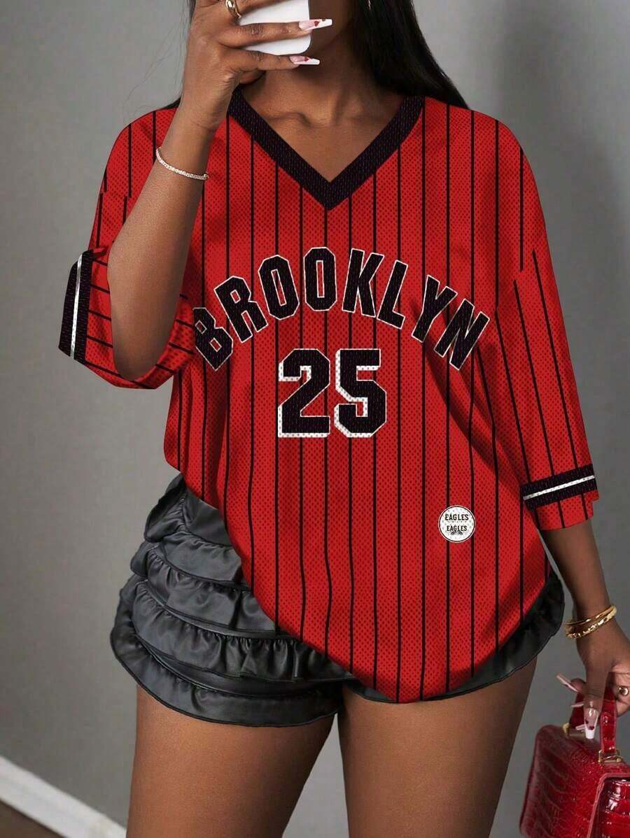 Camiseta gráfica minimalista casual con letra y número para mujer, adecuada para verano, deporte, combinación, fucsia con estampado a rayas de Brooklyn - Rojo - Ver 1