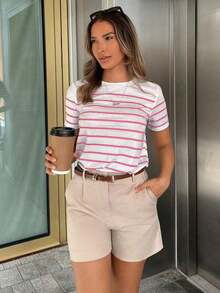 PariChic Camiseta casual de mujer a rayas, camisetas gráficas versátiles para mujer - Rosa - Ver 1