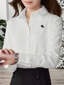Camisa de mujer casual de manga larga a rayas con un solo abotonado - Blanco - Ver 1