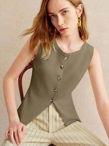 Blusa de punto sin mangas con botones delanteros de unicolor para uso casual y de oficina para mujeres - Caqui - Ver 6