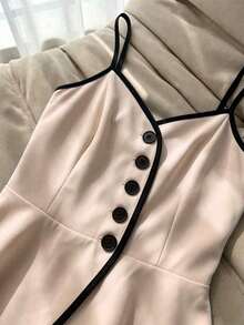 Camisa con botones, volantes y cinturón de unicolor negro y blanco con ribete en contraste, camiseta de tirantes, blusa, adecuada para uso diario, minimalista y elegante, para ir al trabajo, verano - Rosa - Ver 3